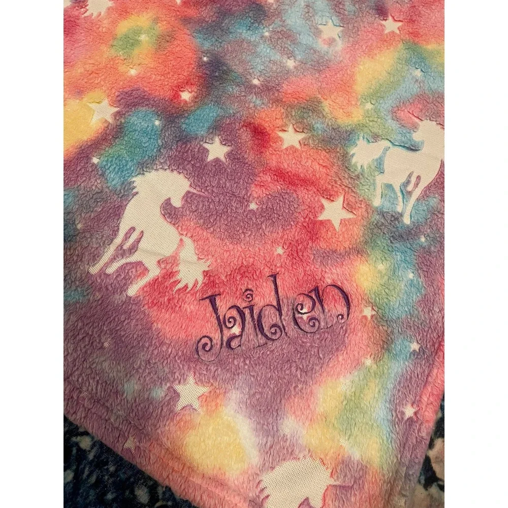 Unicorn Glow in the Dark Rainbow Tie Dye Plush Throw Blanket Jaiden Personalized